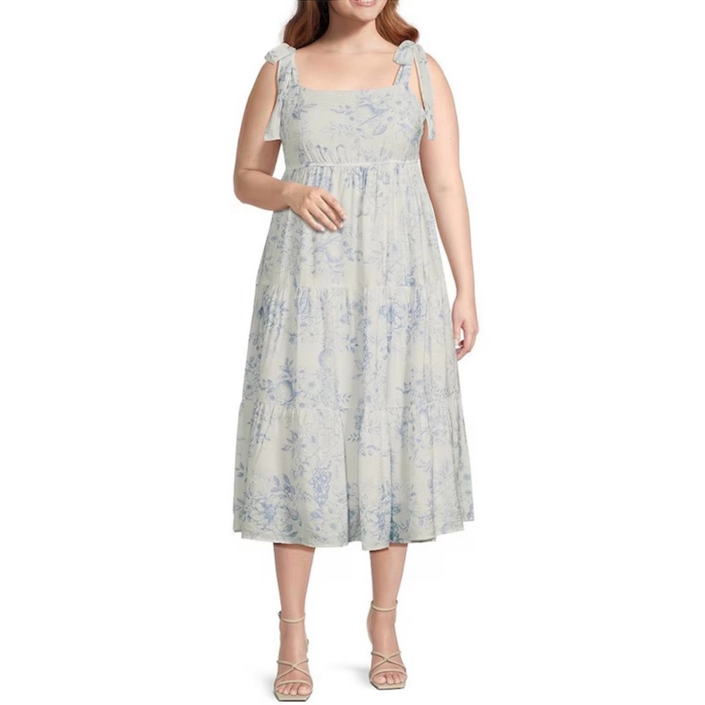 NWT Perch Blu Pepper Plus Floral Midi Dress Blue Ivory Tie Strap Sundress 2X